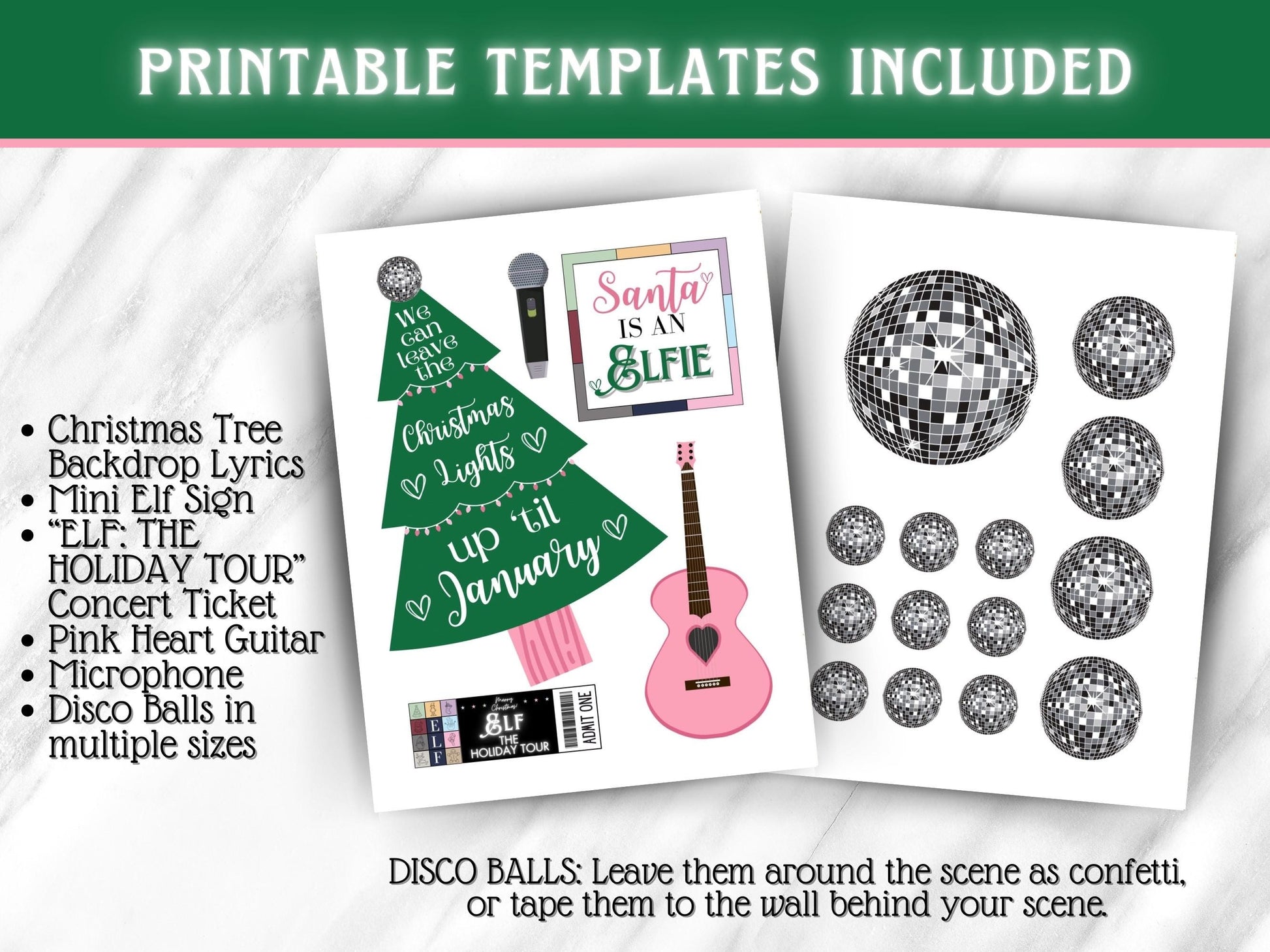 Cute printable elf guitar and disco ball props for a Christmas concert themed elf scene setup