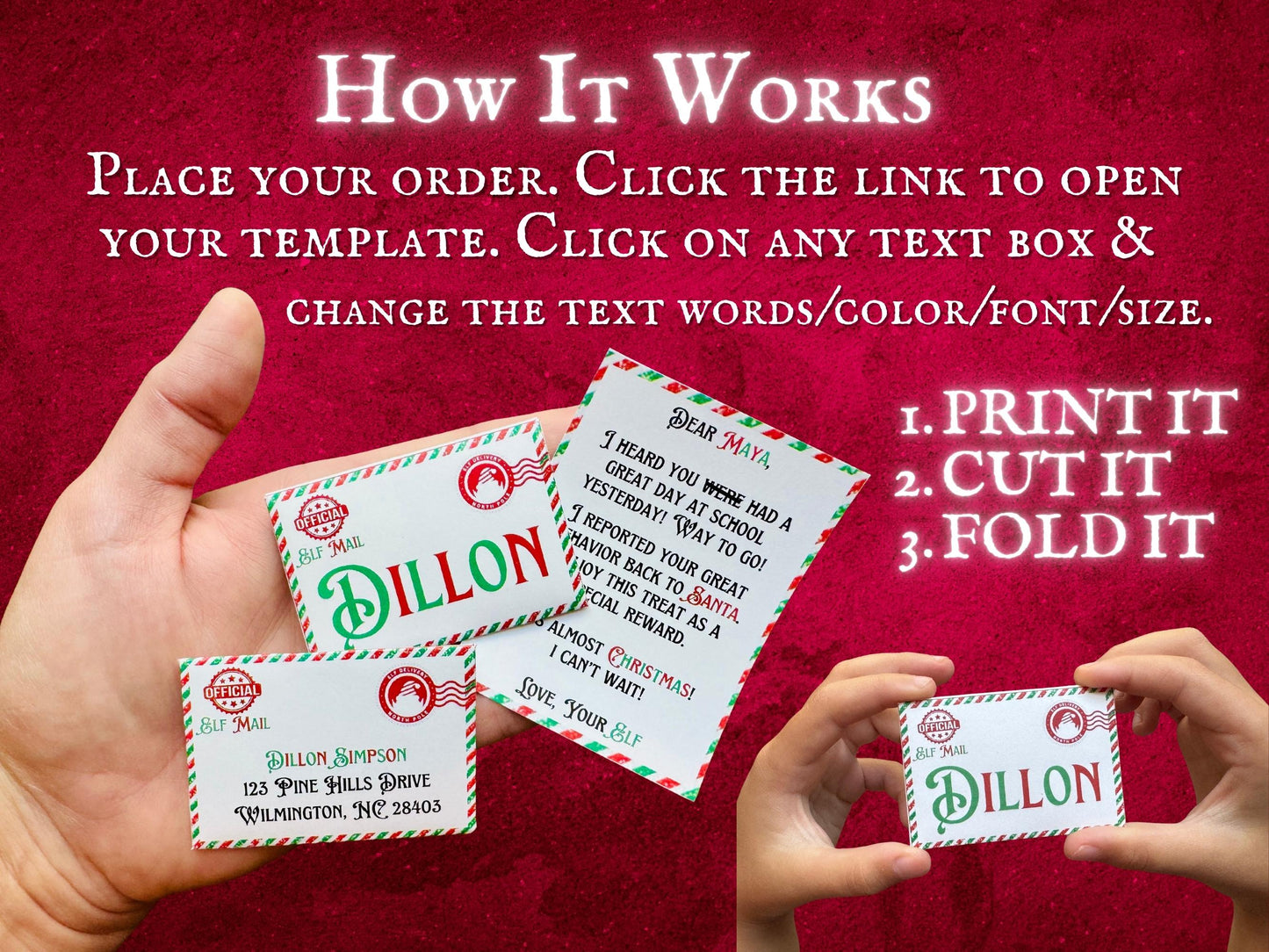 DIY elf tradition printable notes and envelopes editable in Canva
