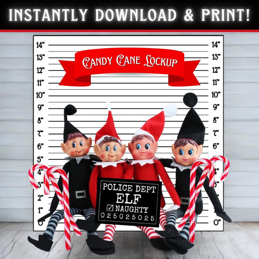 Printable PDF Naughty Elf candy cane jail scene props with festive holiday design, perfect for funny Christmas elf setups and party decorations