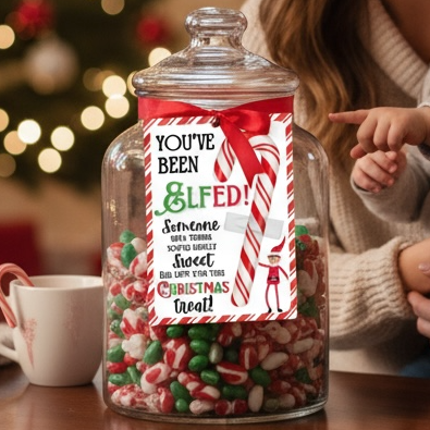You’ve Been Elfed Candy Cane Treat Card | Fun Christmas Gift Exchange & Holiday Party Favor (PRINTABLE PDF)