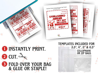 Batteries Not Included bag toppers printed on cardstock, perfect white elephant gag gift or stocking stuffer idea, instant download PDF template.