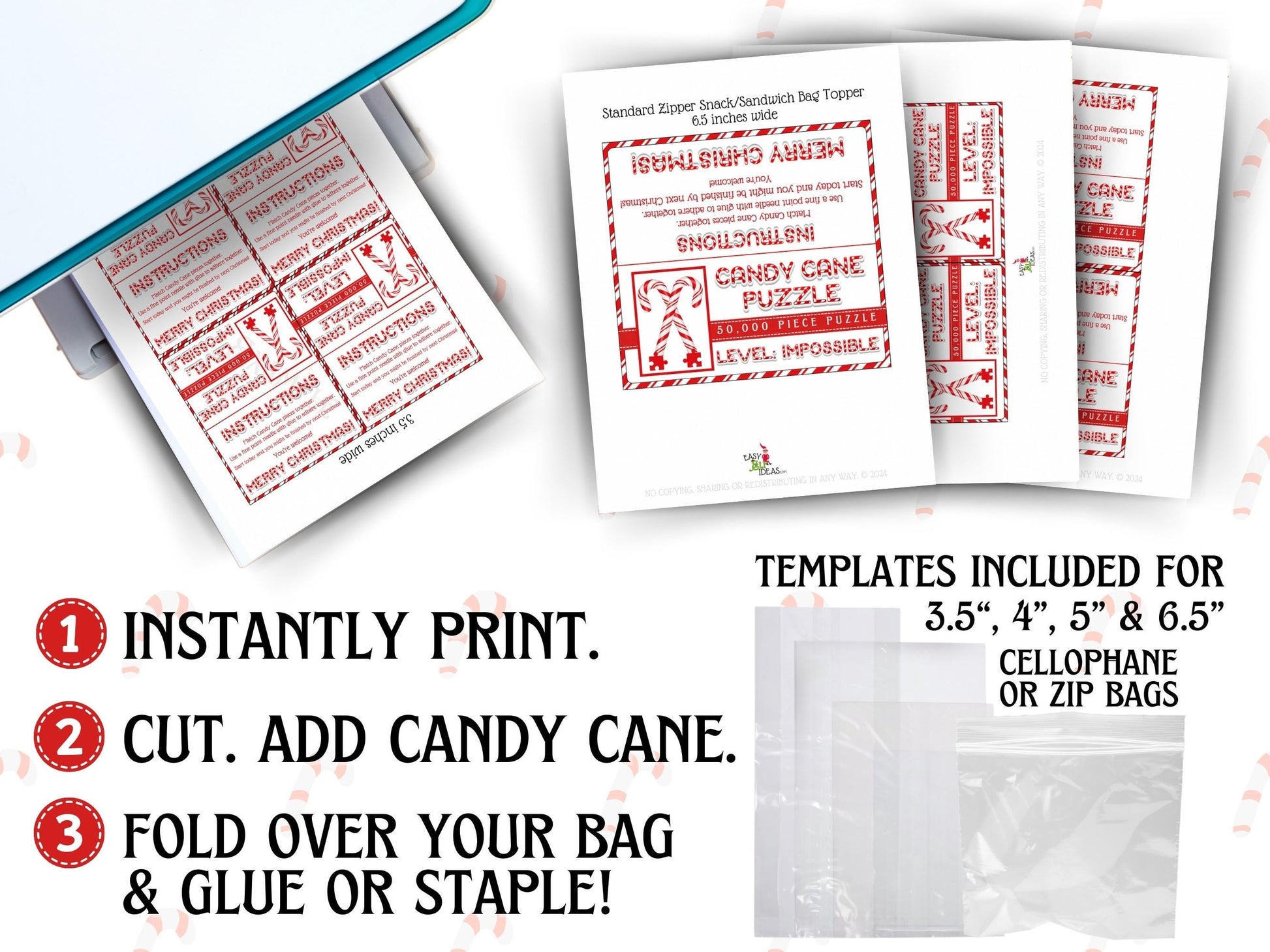 Impossible level Candy Cane Puzzle bag topper on Christmas treat bag, funny printable gag gift for stocking stuffers, holiday party, or gift exchange.