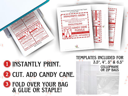 Impossible level Candy Cane Puzzle bag topper on Christmas treat bag, funny printable gag gift for stocking stuffers, holiday party, or gift exchange.