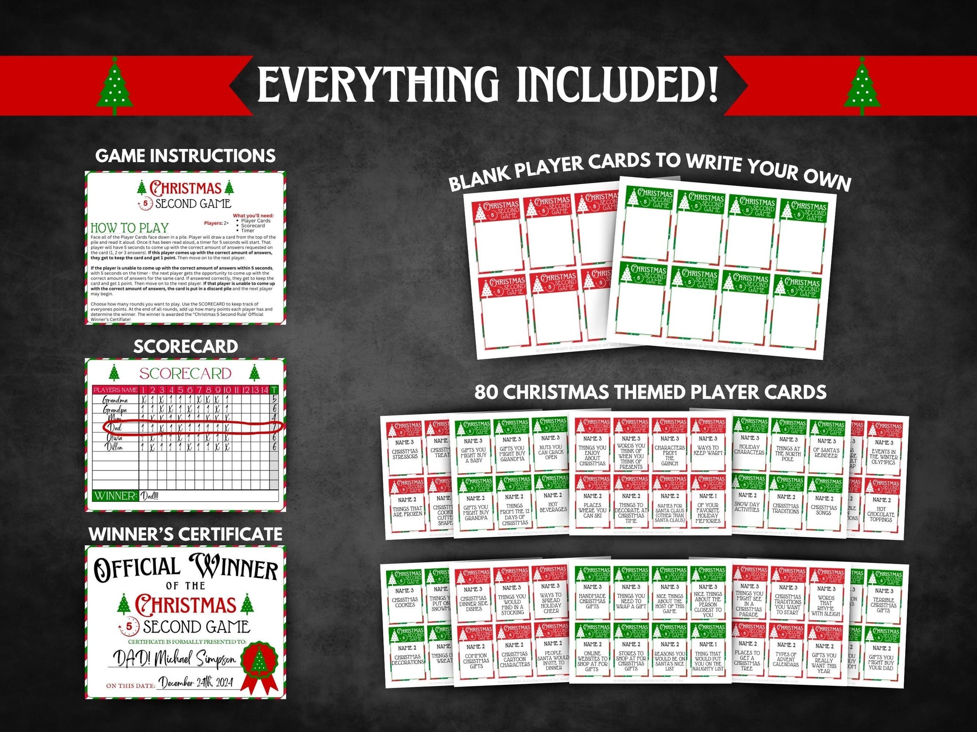Holiday 5 Second Game printable PDF, quick and fun Christmas activity for small or large groups at family, school, or work parties