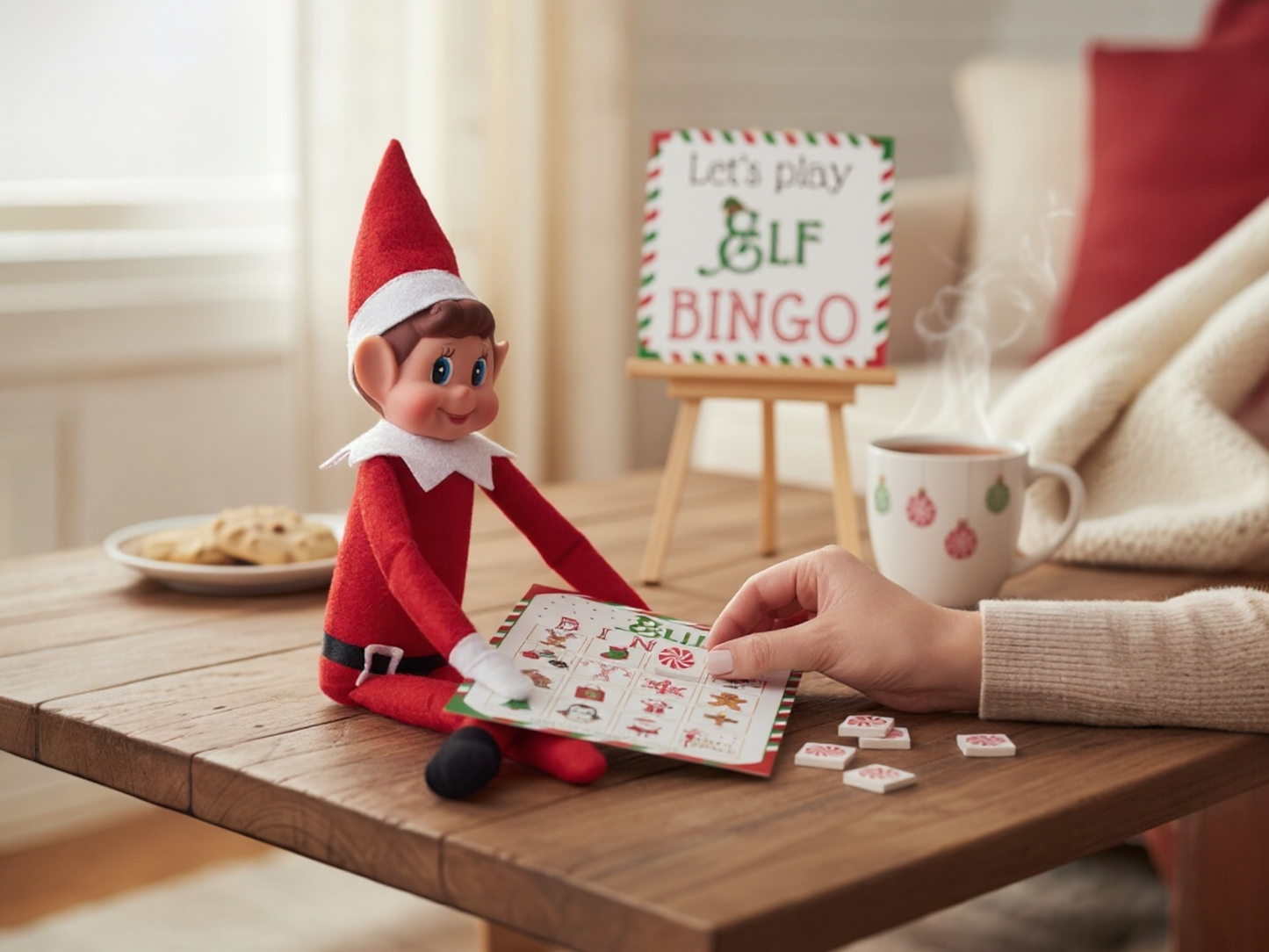 Fun Elf themed printable bingo game with full size bingo cards and elf mini sized boards, perfect for Christmas classroom or family parties
