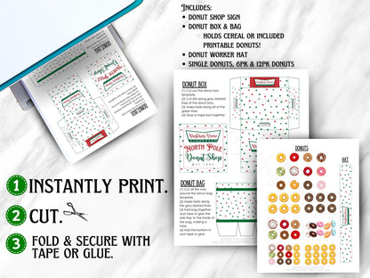 Digital PDF elf donut scene with printable mini props, including donut bag, box, sign, and hat templates for fun Christmas elf ideas.