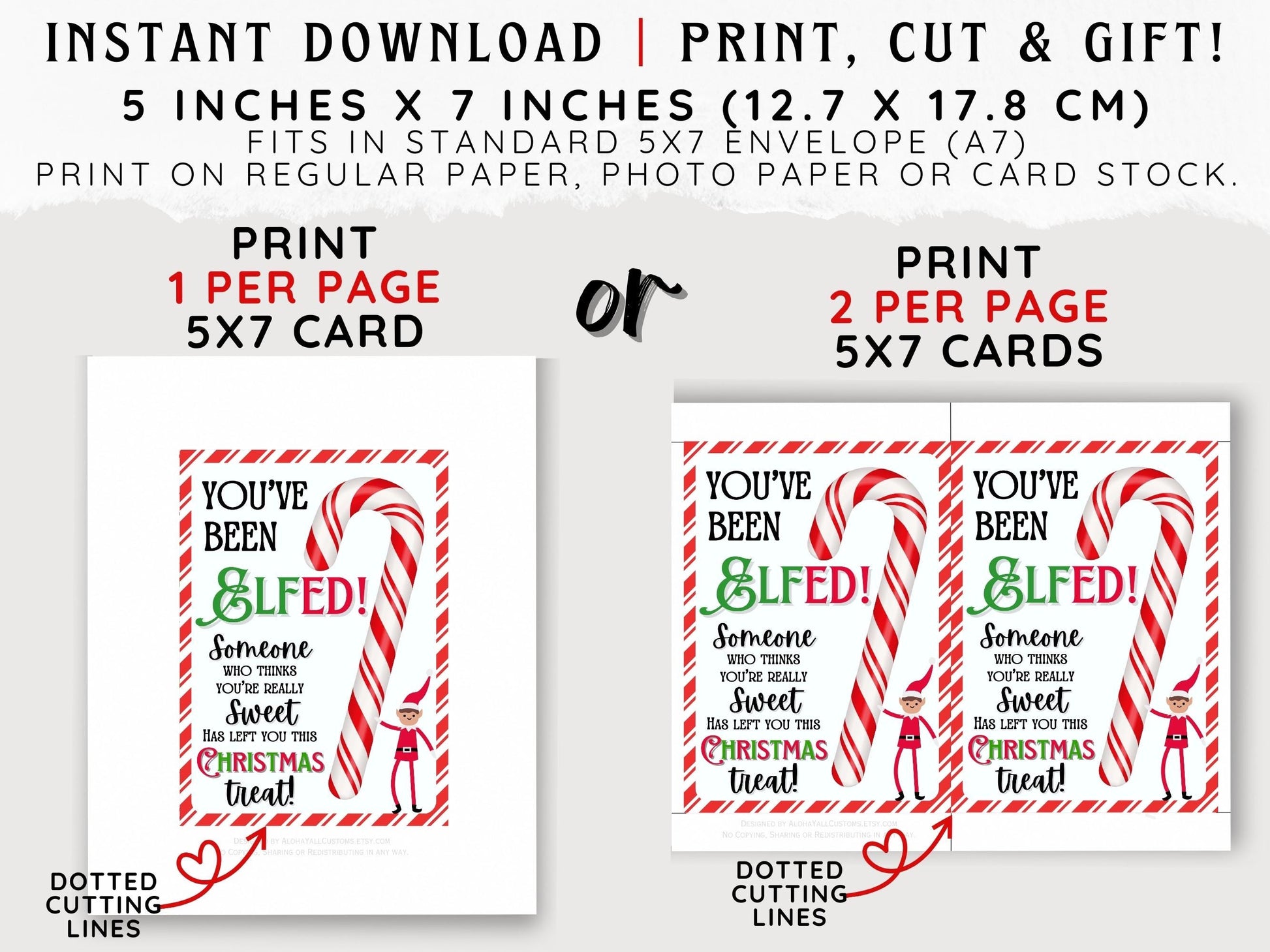 Cute printable You’ve Been Elfed card with candy cane design, perfect for holiday gifts, classroom treats, and Christmas party handouts