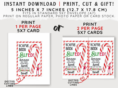 Cute printable You’ve Been Elfed card with candy cane design, perfect for holiday gifts, classroom treats, and Christmas party handouts