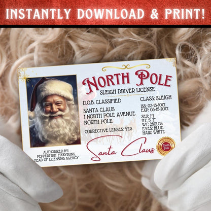 Flat lay of Santa’s Lost Sleigh Driver License printable on Christmas background, fun stocking stuffer idea for kids and families.