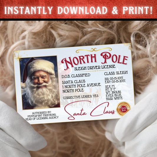 Flat lay of Santa’s Lost Sleigh Driver License printable on Christmas background, fun stocking stuffer idea for kids and families.