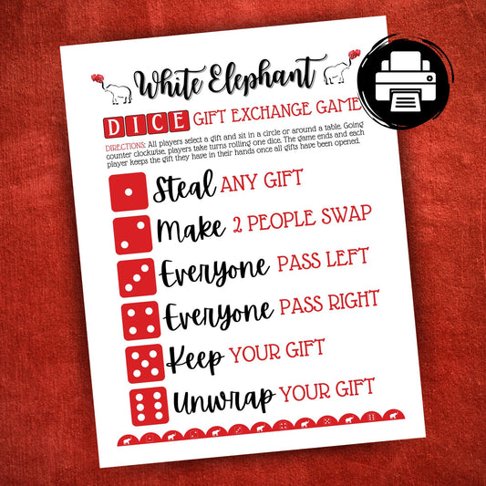 Printable White Elephant Christmas dice gift exchange game, fun holiday activity for family, work, or school holiday parties