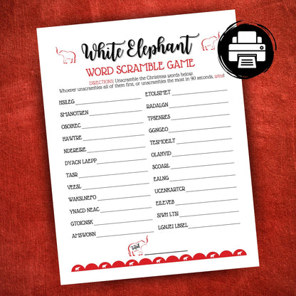 Printable White Elephant Christmas word scramble game, fun holiday activity for family gatherings, office events, and school parties