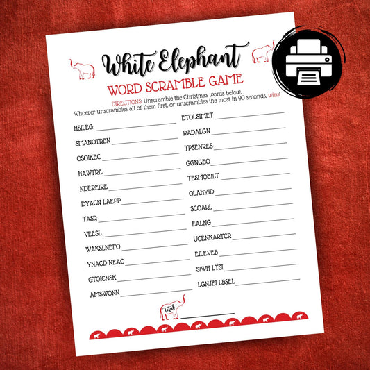 Printable White Elephant Christmas word scramble game, fun holiday activity for family gatherings, office events, and school parties