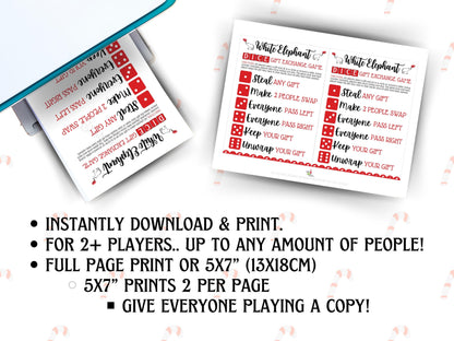 Festive White Elephant dice pass and swap game, printable PDF for small or large groups at family gatherings, classrooms, or office parties
