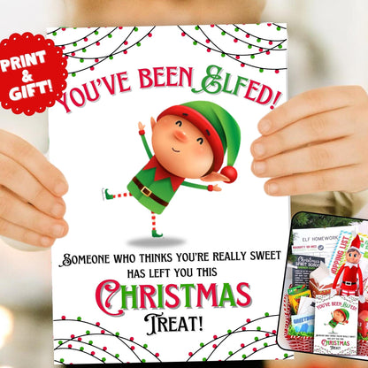 Printable You’ve Been Elfed 5x7 card for Christmas elf gift bag tag ideas for kids, teens, and adults