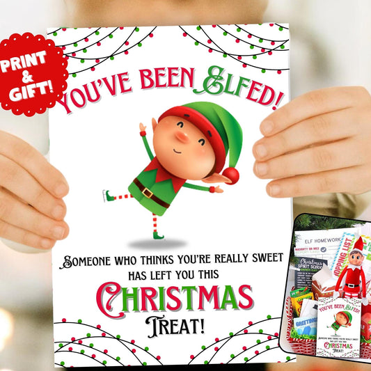 Printable You’ve Been Elfed 5x7 card for Christmas elf gift bag tag ideas for kids, teens, and adults