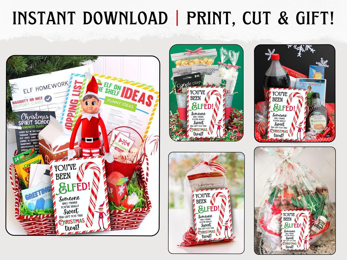 Digital PDF You’ve Been Elfed candy cane card, easy printable Christmas party favor and holiday classroom exchange idea, christmas gift basket bag, teachers, classroooms ,friends, party