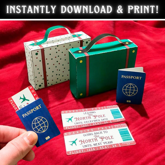 Elf Arrival + Departure Scene Props | Mini Suitcase, Passport & Boarding Pass Tickets (PRINTABLE PDF)
