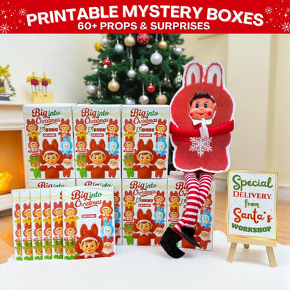 Completed Elfbubu Mystery Blind Boxes with matching printable surprise bags and Elf props — perfect for Christmas scenes, stocking stuffers, or gag gifts.
