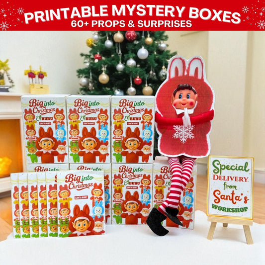 Completed Elfbubu Mystery Blind Boxes with matching printable surprise bags and Elf props — perfect for Christmas scenes, stocking stuffers, or gag gifts.